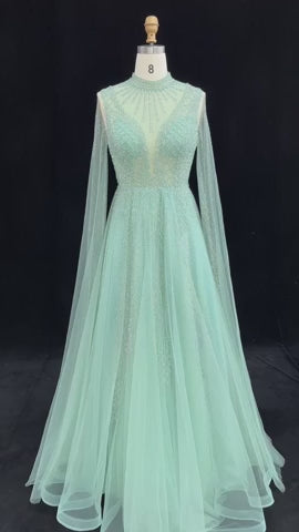 Luxury Crystal Beaded High Neck Cape Sleeve A-Line Tulle Evening Gown SS060