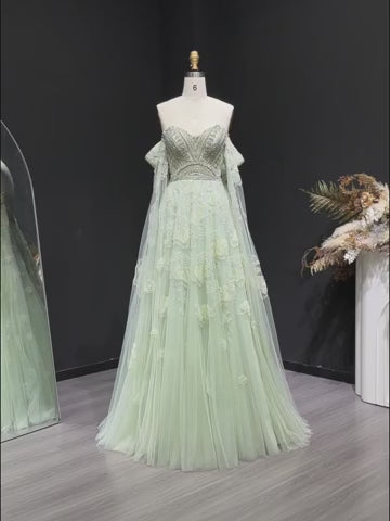 Elegant Sage Green Beaded Strapless Evening Dress with Lace Appliqué SS754