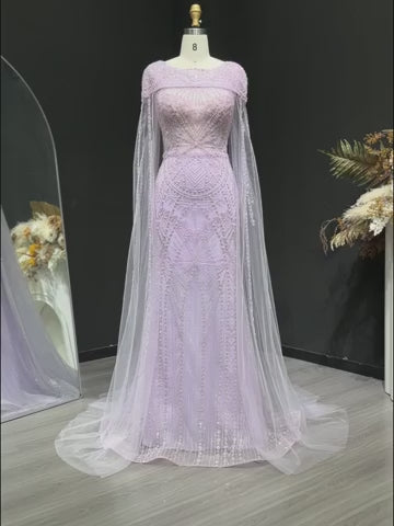 Luxury Lilac Beaded Evening Dress with Cape Sleeves Arabic SS019
