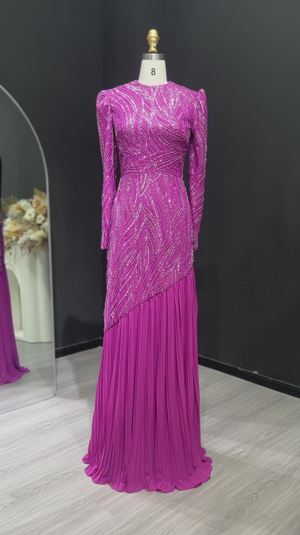 Elegant Beaded High Neck Hijab Arabic Evening Dress SS605