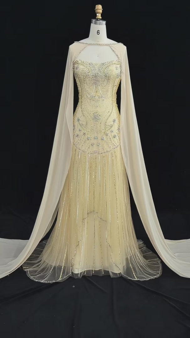 Dreamy Vow Yellow Crystal Beaded Cape Sleeve Mermaid Evening Gown SS526