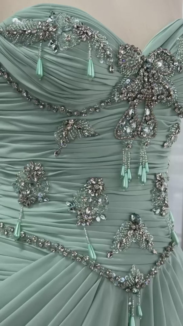 Aqua Sweetheart Beaded Draped Chiffon Evening Dress SS219