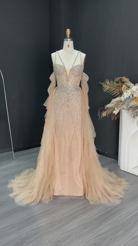 Elegant Off-Shoulder Evening Gown with Beaded Bodice Layered Tulle Train SS123