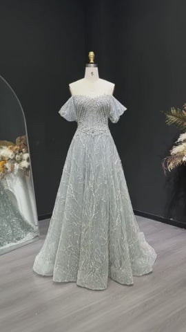Elegant Off Shoulder Gray Blue Sequin Embroidered Prom Dress SS725