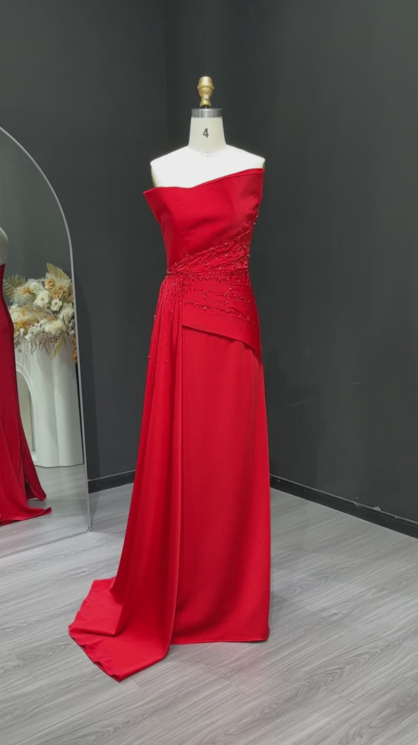Elegant Red Satin Evening Dress with Draped Side Train SF514