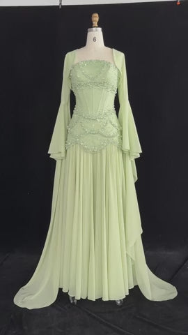 Luxury Pearls Tassel Blue Evening Dress with Flowing coat SS286