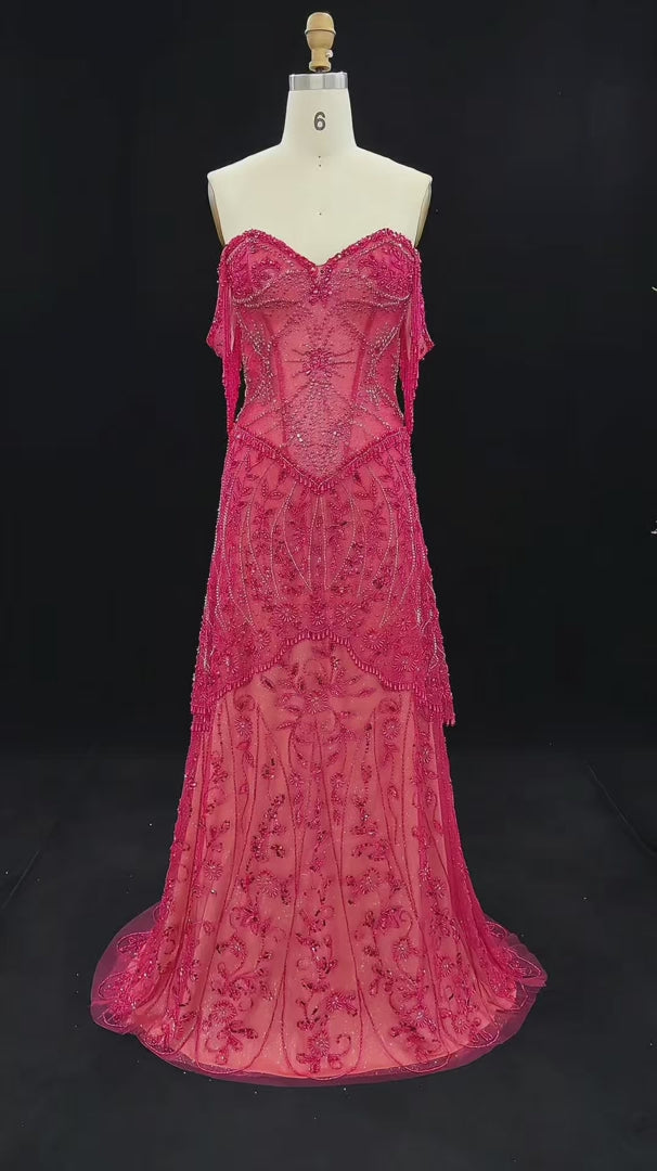 Luxury Fuchsia Off-Shoulder Beaded Tassel Mermaid Evening Dress SS516