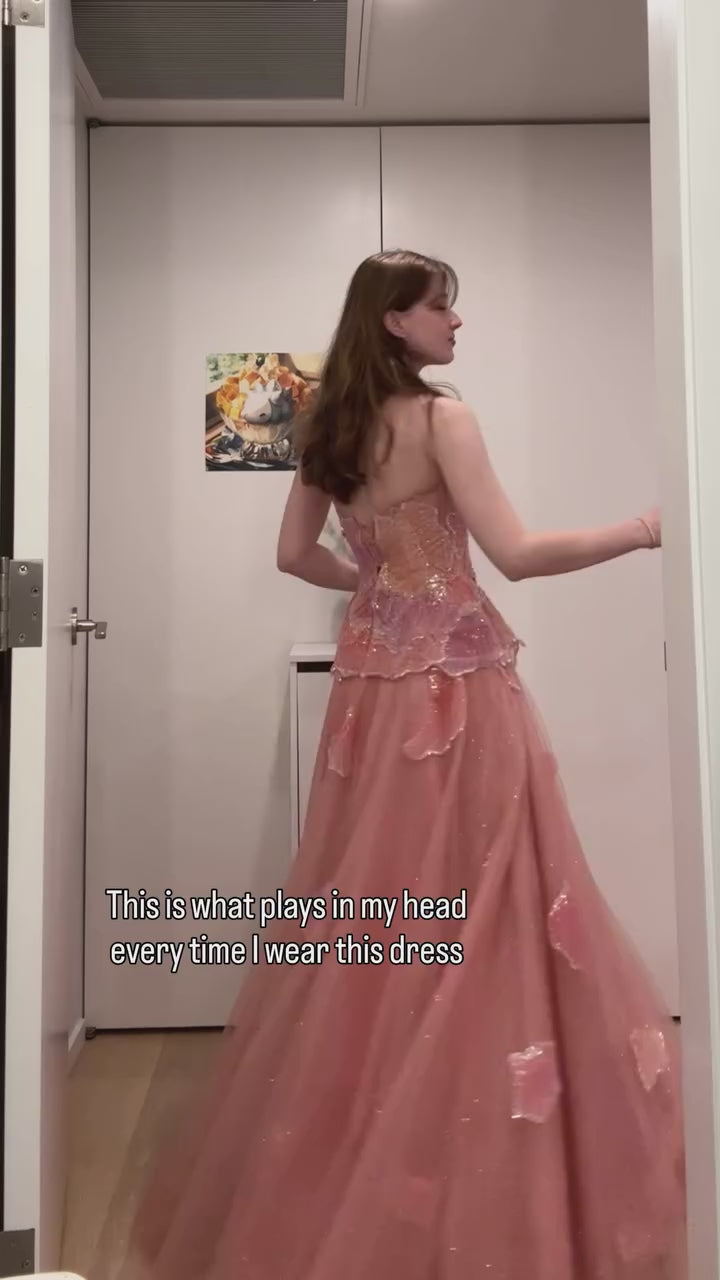 Luxury Pink 3D Floral Beaded Ball Gown Evening Dress SS749