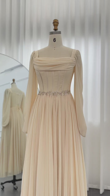 Beige Short Midi Arabic Evening Dress with Belt Long Sleeve Tea Length Women Formal Wedding Party Gowns Y4847