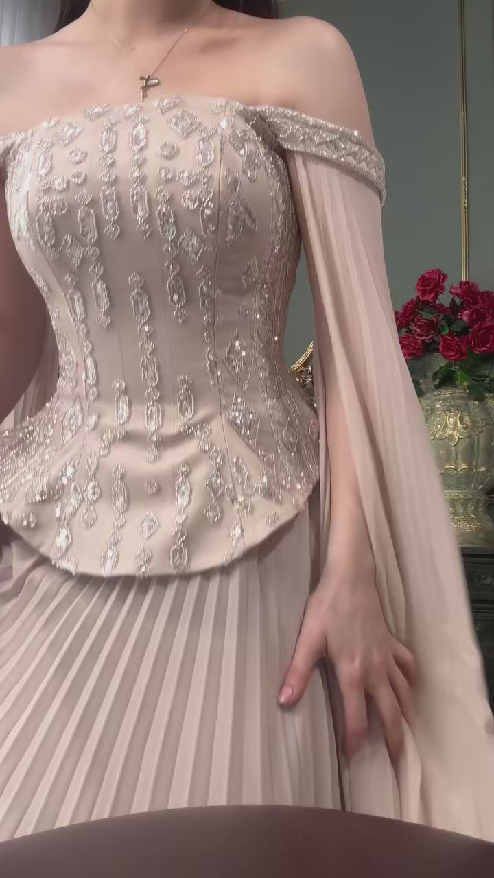 Luxury Red Beaded Corset Flowing Cape Sleeves Evening Dress SS349