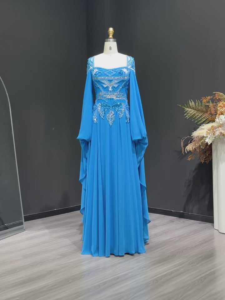 Luxury Blue Beaded Evening Dress with Flowing Cape Sleeves SS562