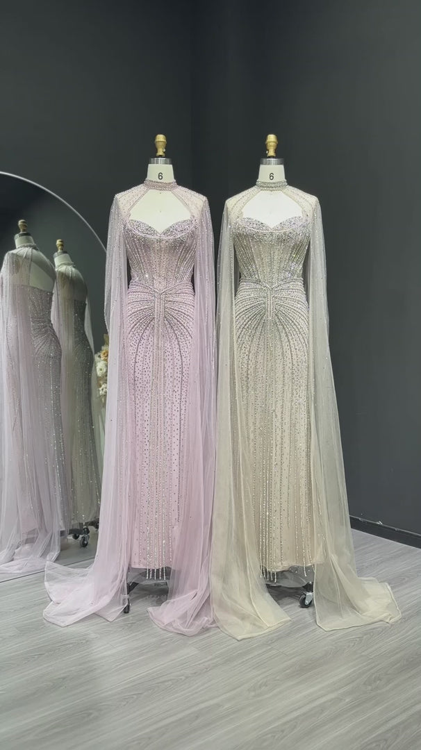 Shimmering Beaded Evening Dress with Cape Train SS156