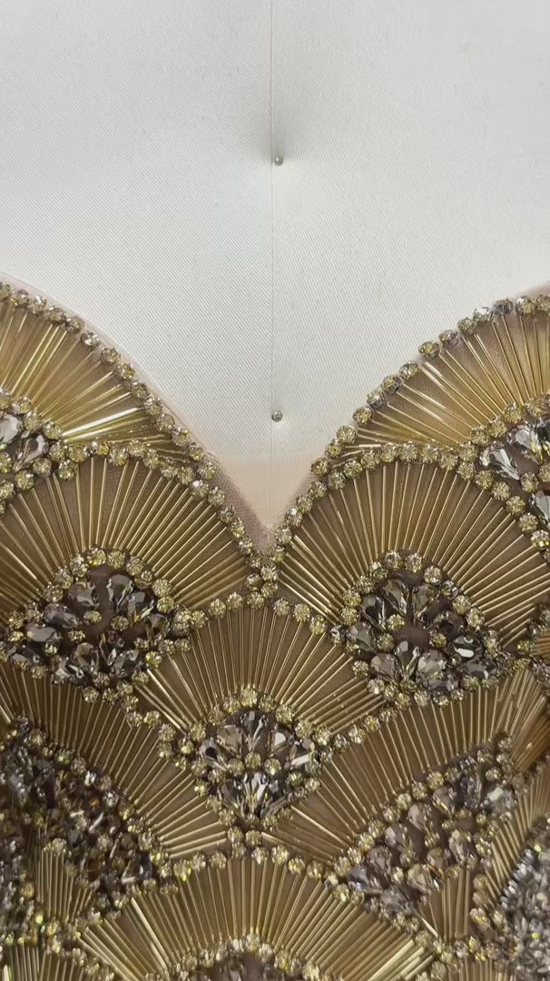 Gold Sweetheart Beaded Fringe Column Evening Dress SS333