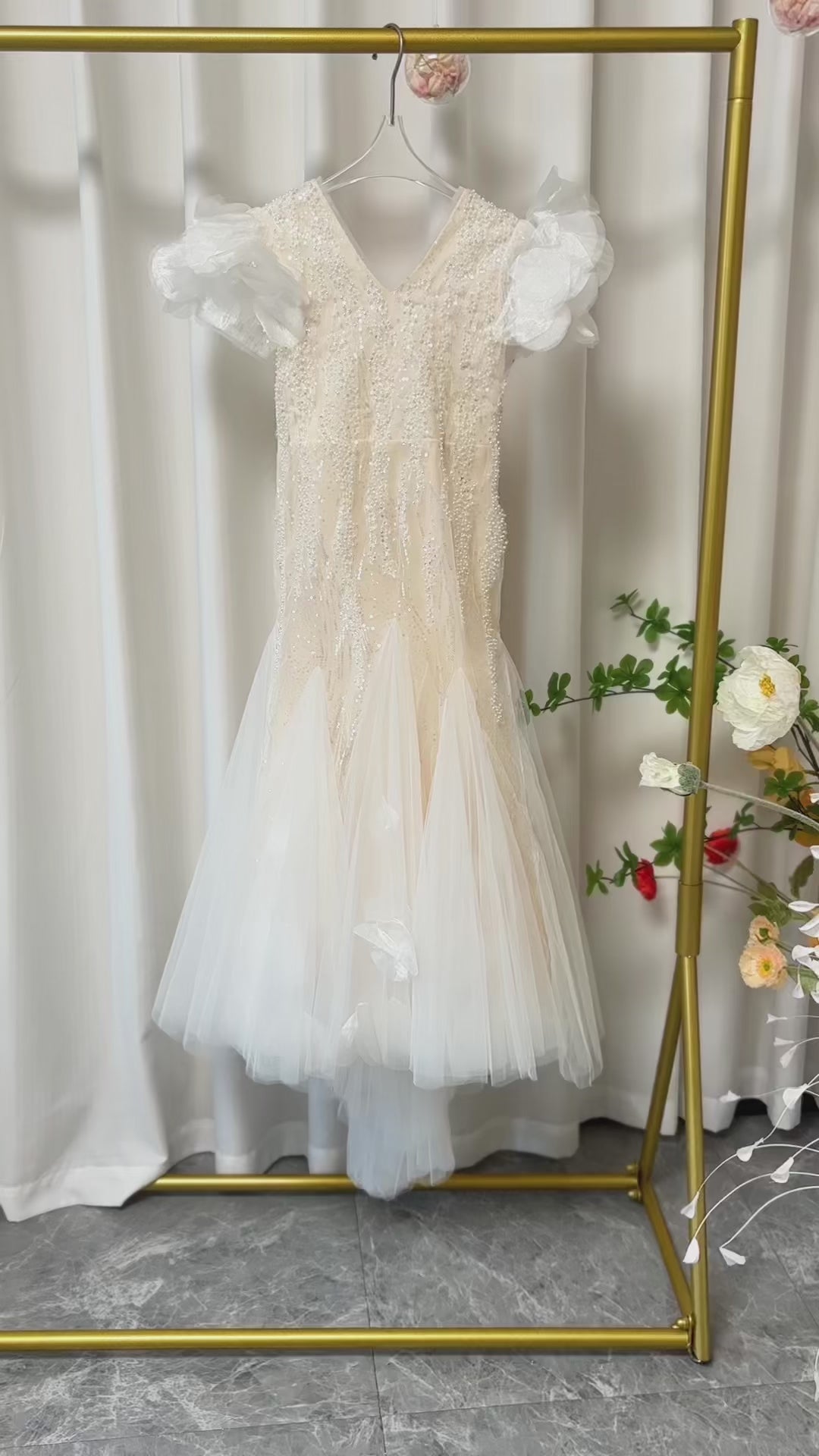 White Mermaid Pearls Flower Girl Dress J556