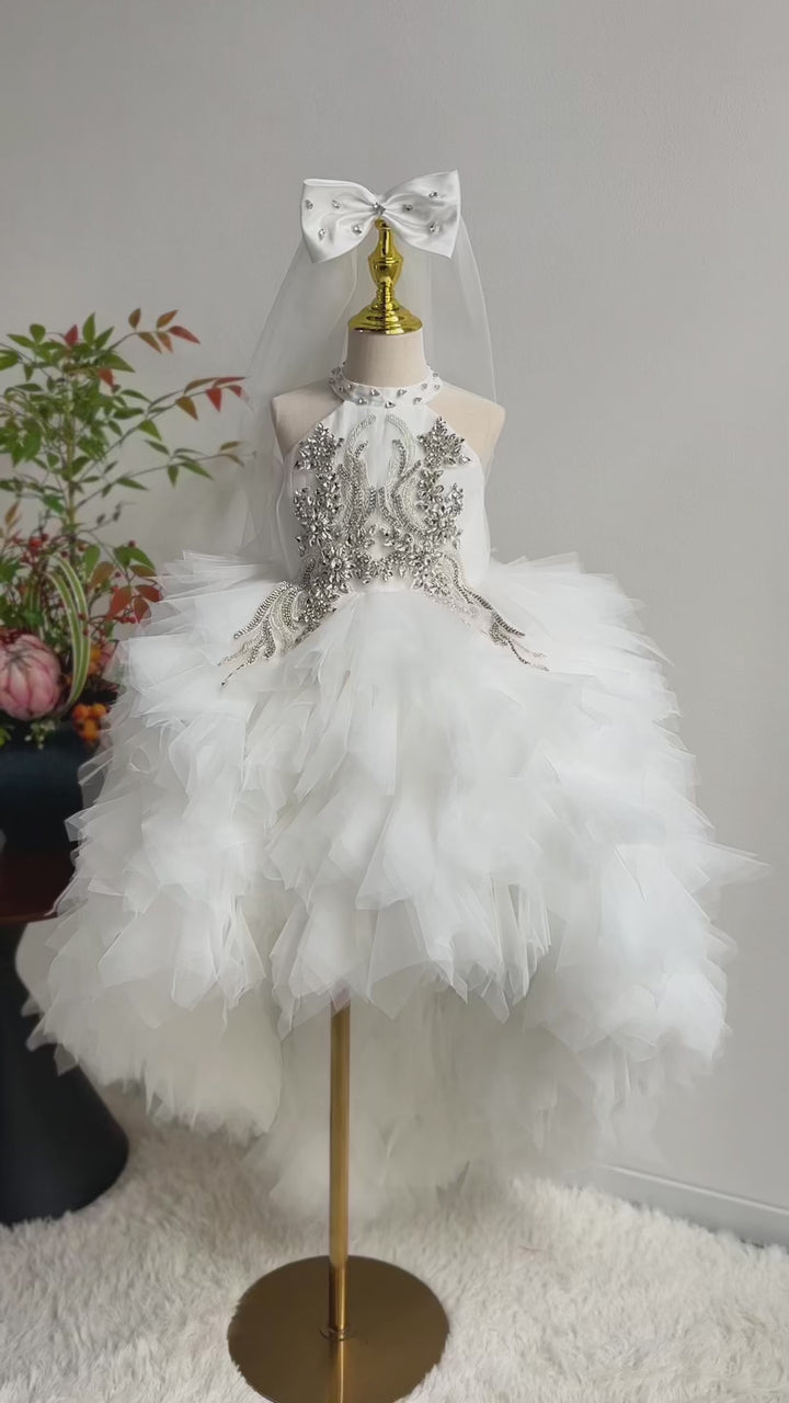 White Crystal Beaded High Neck Short Flower Girl Dress with Bow Train J850