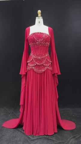 Luxury Pearls Tassel Blue Evening Dress with Flowing coat SS286