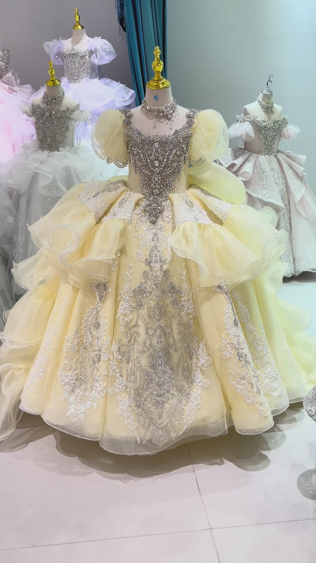 Yellow Crystal Beaded Embroidered Ruffle Princess Ball Gown for Flower Girls Dress W102
