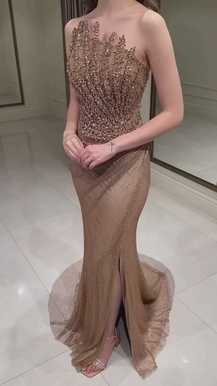 Sparkly Crystal Mermaid Evening Dress Dubai Luxury Caramel SS528