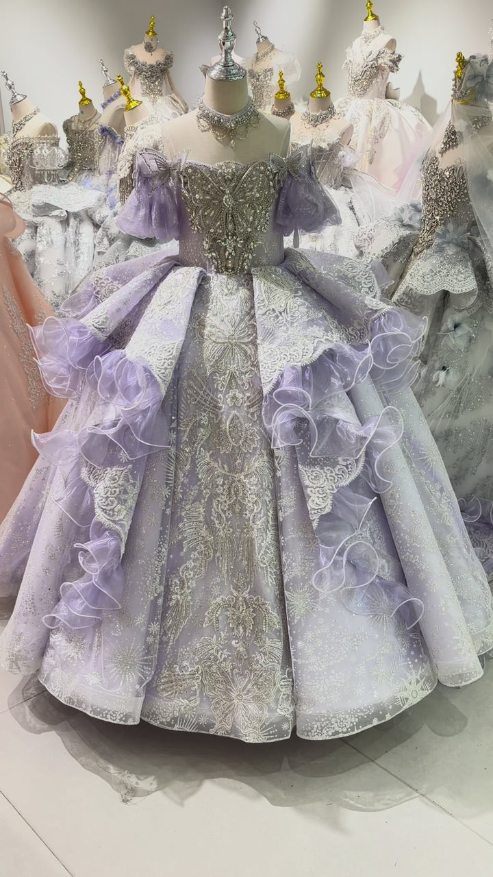 Lilac Butterfly Crystal Beaded Off-Shoulder Princess Wedding Ball Gown for Flower Girls Dress W103