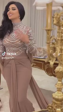 Luxury Brown Evening Gown with High Neckline Draped Skirt SS402