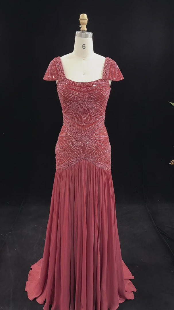 Dreamy Vow Red and Pink Beaded Square Neck Cap Sleeve Mermaid Evening Dress SS325