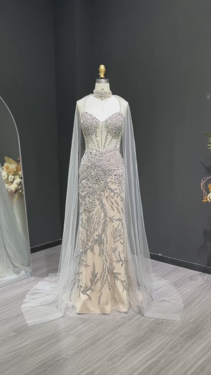 Elegant Champagne Evening Dress with Flowing Cape SS071