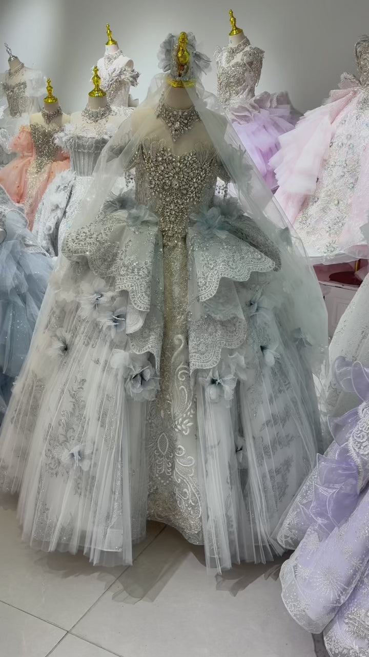 Dusty Blue 3D Floral Crystal Beaded Princess Wedding Ball Gown for Flower Girls Dress W105