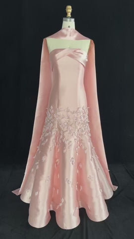 Luxury 3D Leaves Blush Pink Satin Evening Dress with Cape SS463