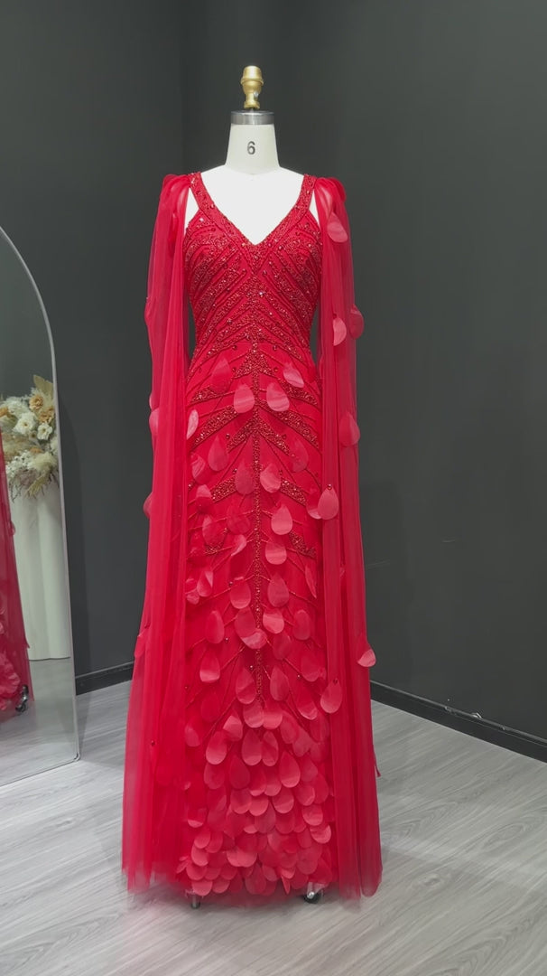 Glamorous Wine Red Feather Beaded Evening Dress Flowing Cape SS283