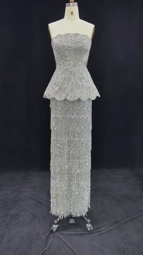 Luxury Gray Strapless Beaded Peplum Fringe Prom Evening Dress SS370