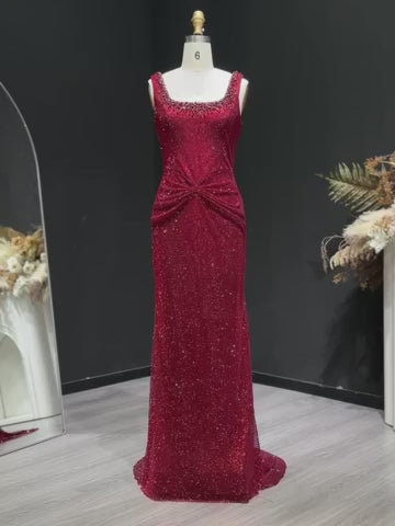 Elegant Green Beaded Sequin Evening Dress with Square Neck SS655