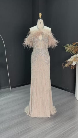 Romantic Feathered Evening Gown with Beaded Bodice Halter Neckline SS124