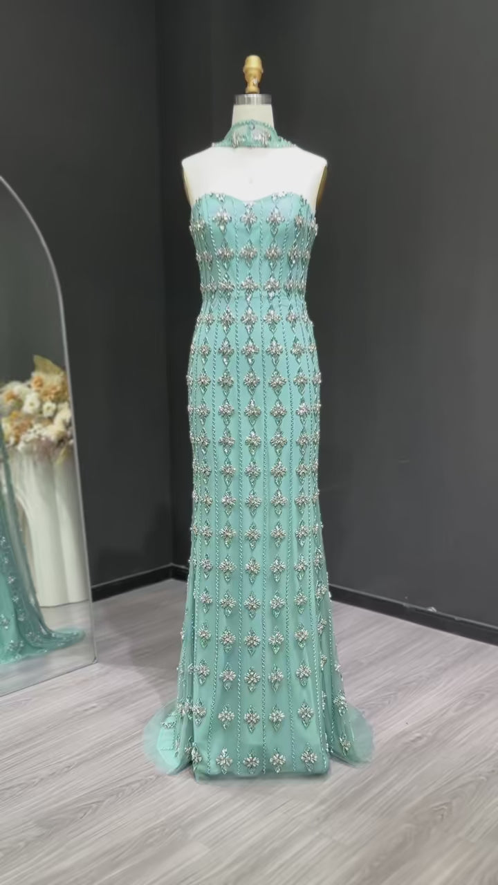 Luxury Beaded Nude Strapless Evening Dress with Scarf SS229