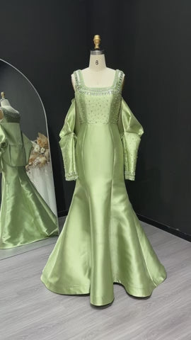 Luxury Khaki Satin Evening Gown with Beaded Bodice Detached Long Sleeves SS574