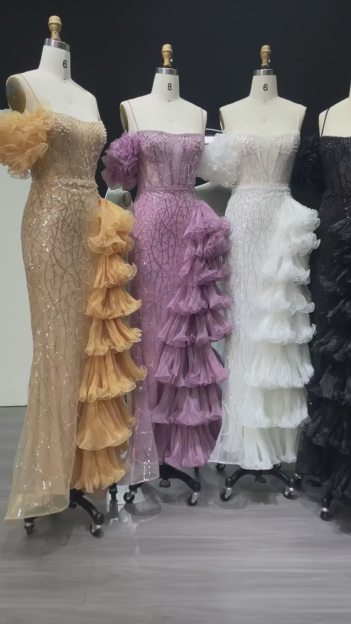 Elegant Gold Evening Dress with Tiered Ruffles SS046