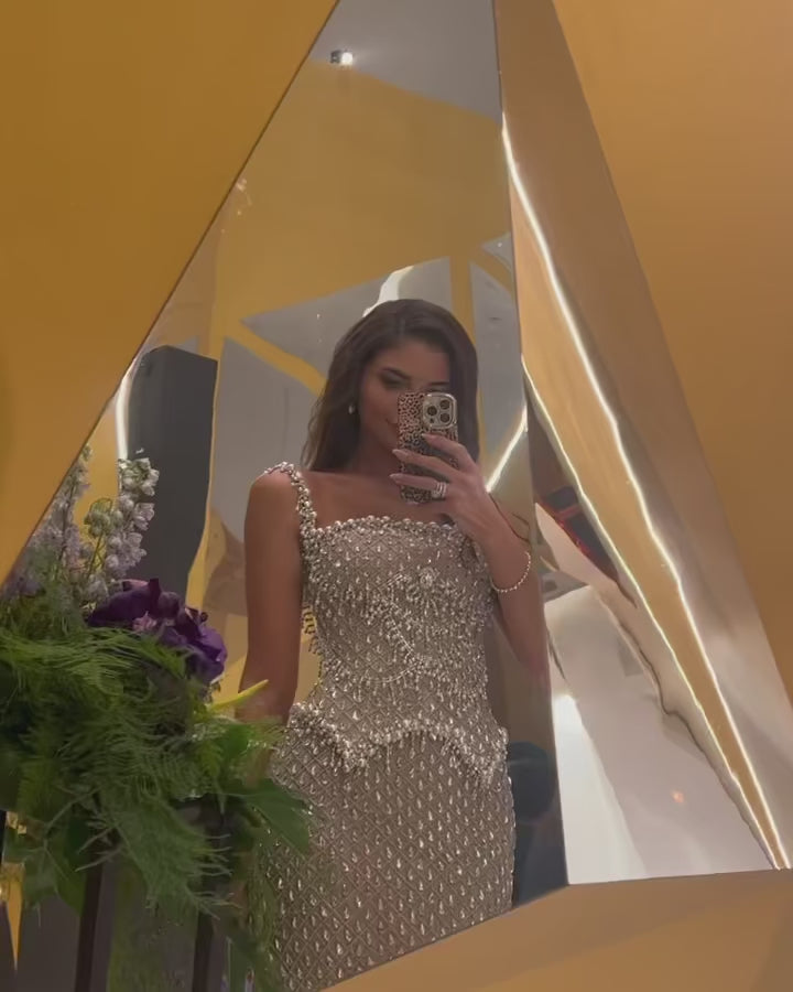 Luxury Silver Grey Evening Dress with Crystal Beading SS631