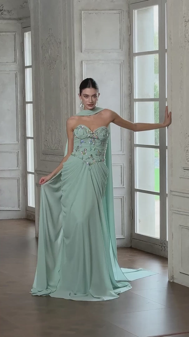 Aqua Sweetheart Beaded Draped Chiffon Evening Dress SS219