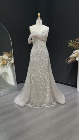 Luxury Gray Off-Shoulder Beaded Evening Gown with Tulle Train SS527