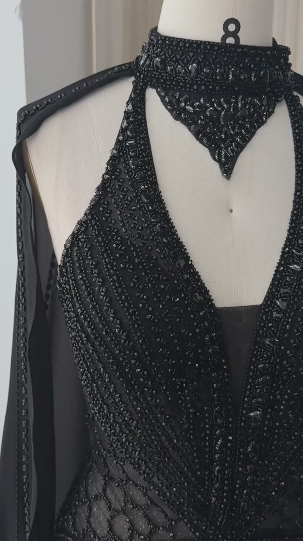 Dreamy Vow Beaded Cape Evening Gown with Illusion Waist SS049