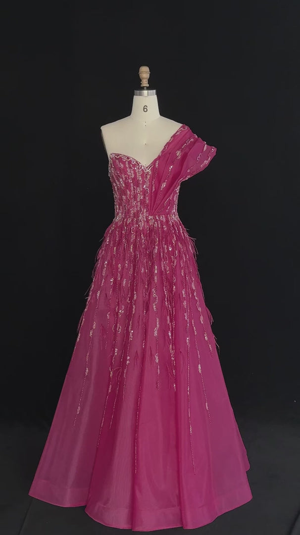Luxury Fuchsia One Shoulder Beaded A-Line Evening Dress XD041