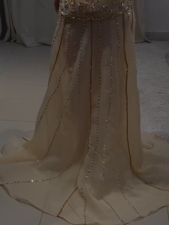 Dreamy Vow Yellow Crystal Beaded Cape Sleeve Mermaid Evening Gown SS526