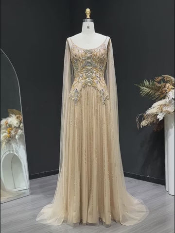 Elegant Champagne Embellished Evening Dress with Cape Sleeves SS538
