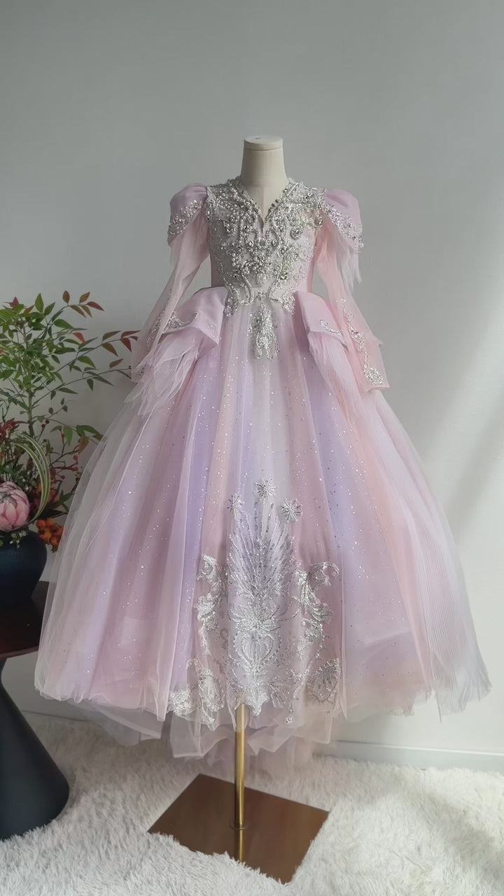 Luxury V-Neck Beaded Flower Girl Long Dress J056