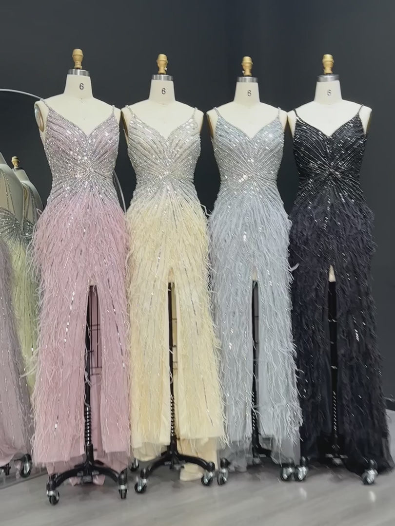 Elegant Blue Mermaid Evening Dress with Beading and Feather Train SS004