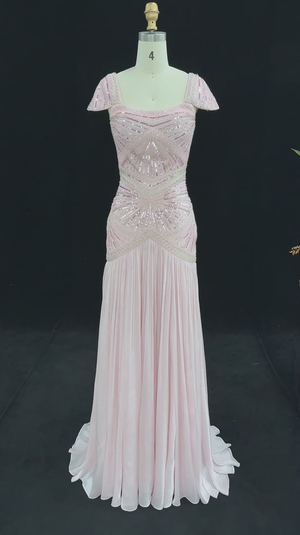 Dreamy Vow Red and Pink Beaded Square Neck Cap Sleeve Mermaid Evening Dress SS325