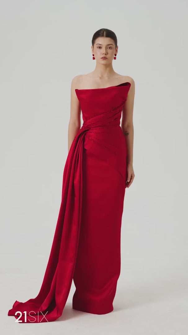 Elegant Red Satin Evening Dress with Draped Side Train SF514