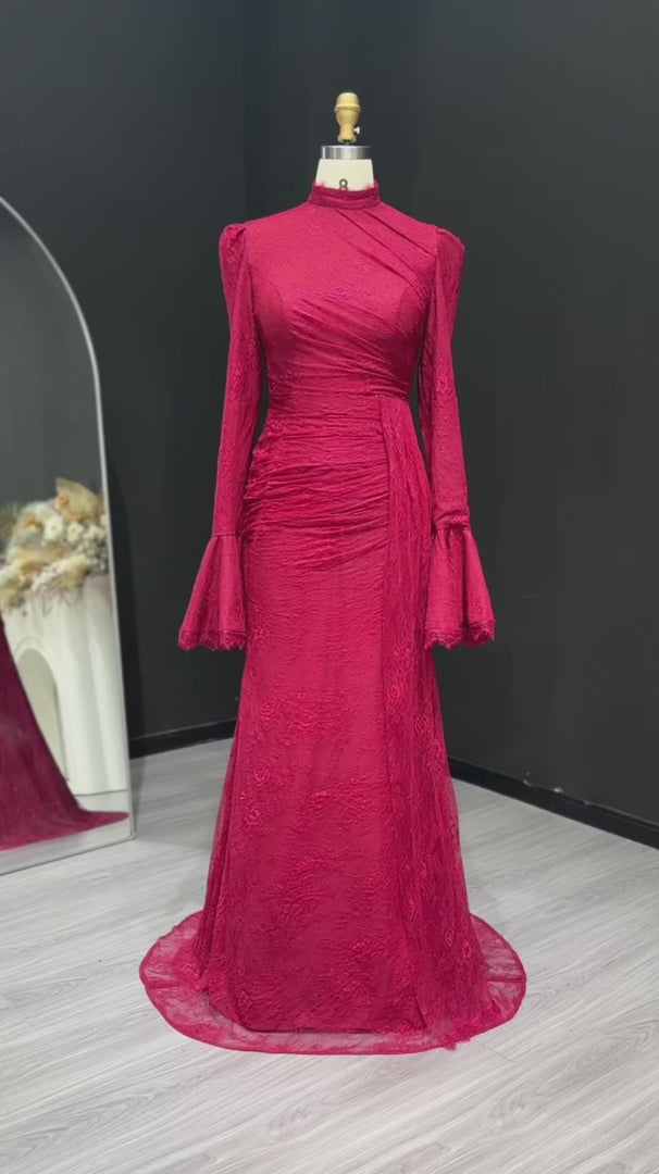 floor length black indian dress Sophisticated High-Neck Long Sleeve Fit-And-Flare Wedding Dress With Bow main image 1
