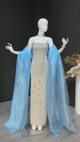 Luxury Crystal Beaded Column Evening Dress with Sheer Blue Cape Choker Neck SS506