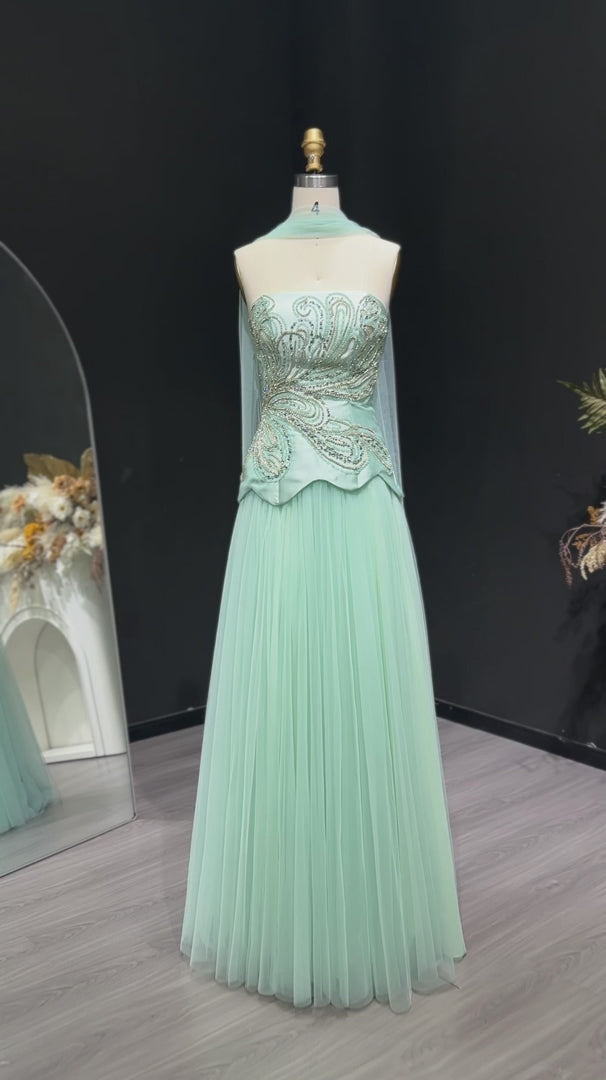 Dreamy Aqua Beaded Strapless with Scarf Evening Dress SS413