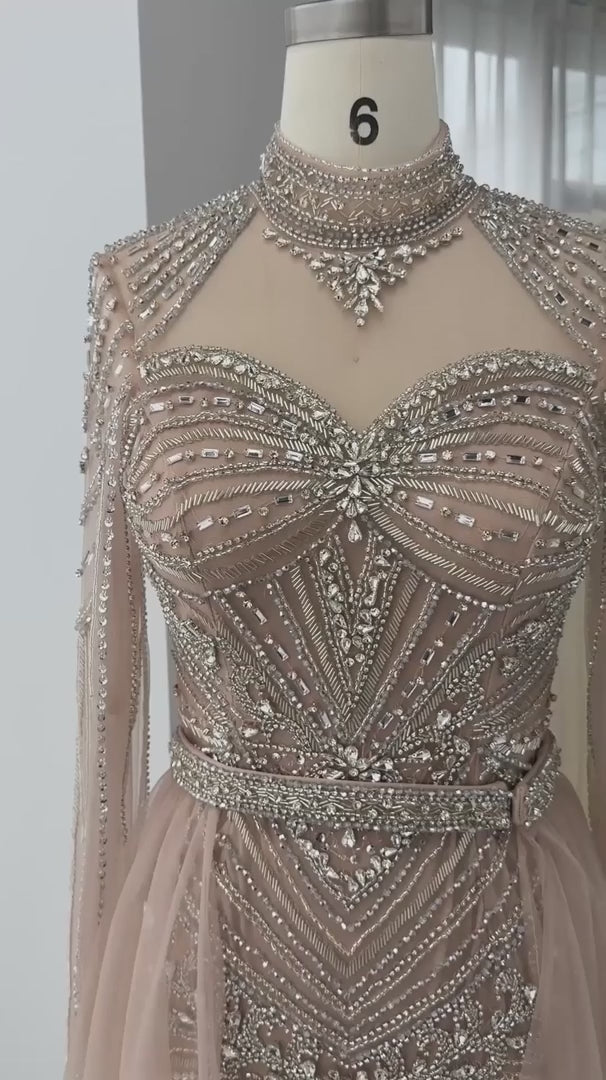 Dreamy Vow Beaded High Neck Evening Gown with Flowing Cape SS171